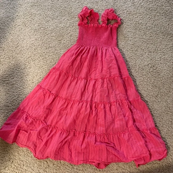 HILL HOUSE Ellie Tonal Seersucker Ruffle Shoulder Tiered Nap Dress, Watermelon - Picture 3 of 9